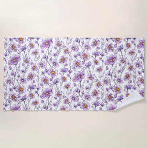 Purple Wildflower Botanical Pattern Design Beach Towel