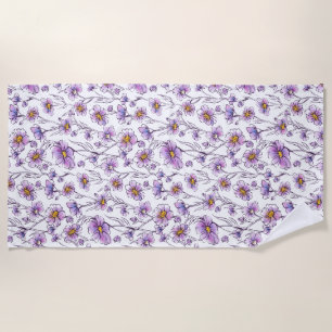 Purple Wildflower Botanical Pattern Design Beach Towel