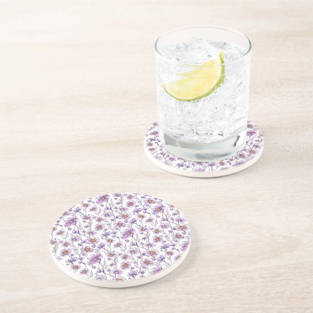 Purple Wildflower Botanical Pattern Design Coaster (Side)