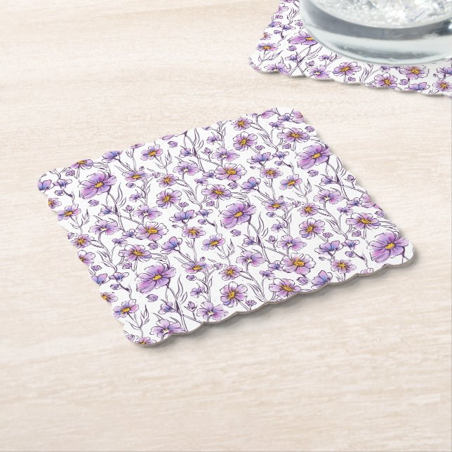 Purple Wildflower Botanical Pattern Design Paper Coaster (Angled)