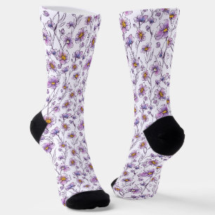 Purple Wildflower Botanical Pattern Design Socks