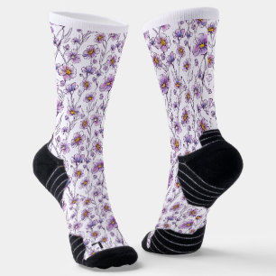 Purple Wildflower Botanical Pattern Design Socks