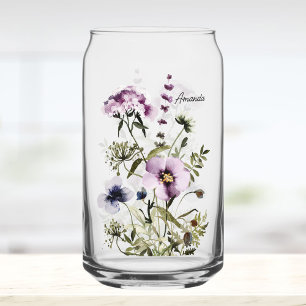 Purple Wildflower Bouquet Watercolor Floral Can Glass