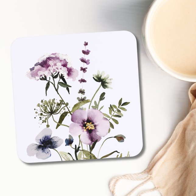 Purple Wildflower Bouquet Watercolor Floral Coaster (In situ)