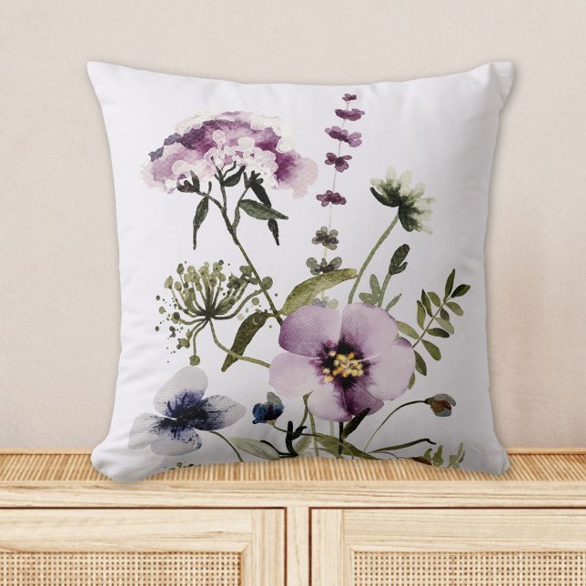 Purple Wildflower Bouquet Watercolor Floral Cushion (In situ)