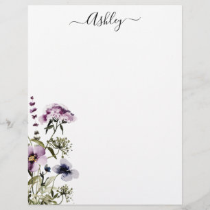 Purple Wildflower Bouquet Watercolor Floral Custom Letterhead