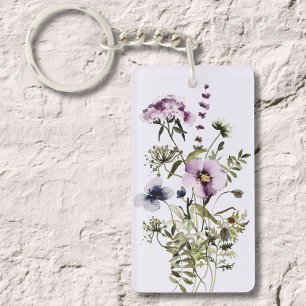 Purple Wildflower Bouquet Watercolor Floral Key Ring