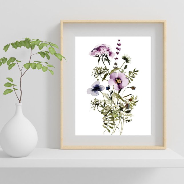 Purple Wildflower Bouquet Watercolor Floral Poster (In situ)