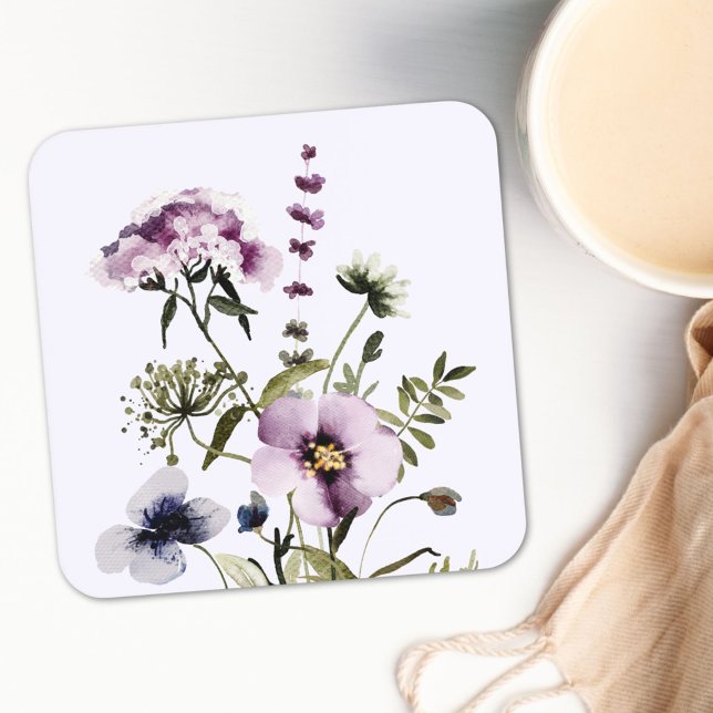 Purple Wildflower Bouquet Watercolor Floral Square Paper Coaster (In situ)