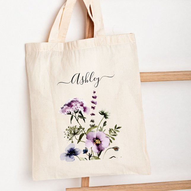 Purple Wildflower Bouquet Watercolor Floral Tote Bag (In situ)