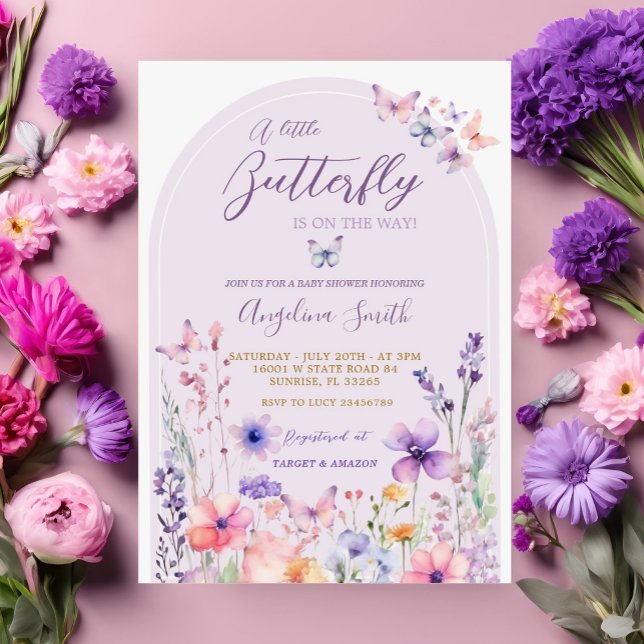 Purple Wildflower Butterfly Baby Shower Invitation (Creator Uploaded)