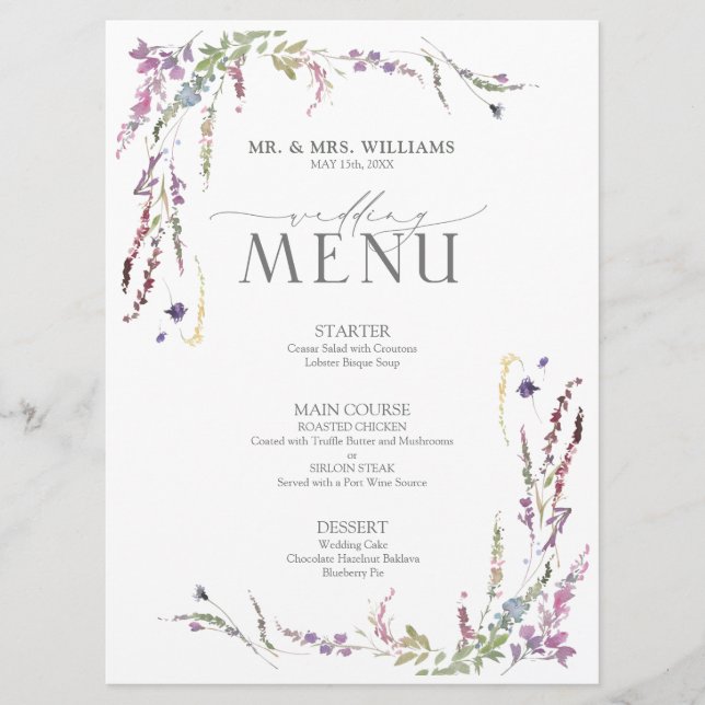 Purple Wildflower Calligraphy Wedding Menu (Front)