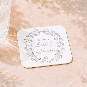 Purple Wildflower Cottagecore Bridal Shower Square Paper Coaster