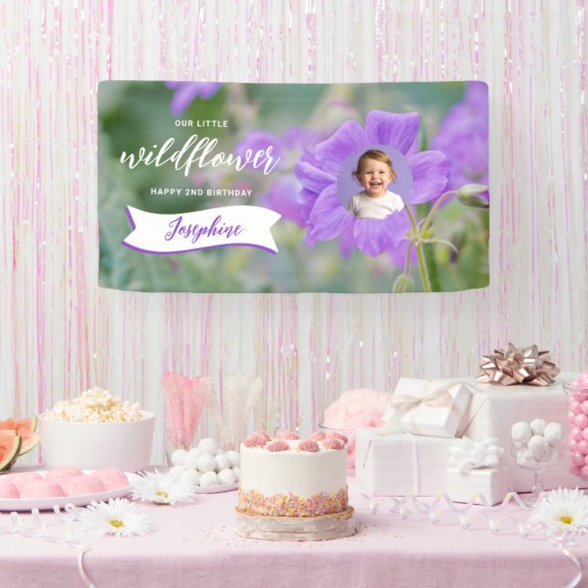 Purple Wildflower Custom Baby Photo Happy Birthday Banner (Party)