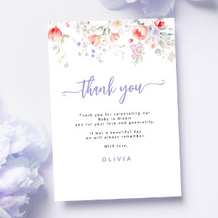 Purple wildflower floral baby in bloom shower thank you card