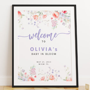 Purple wildflower floral Baby in Bloom welcome Poster