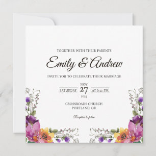 Purple Wildflower Floral Watercolor Square Wedding Invitation