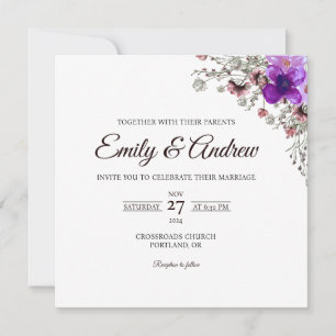 Purple Wildflower Floral Watercolor Square Wedding Invitation