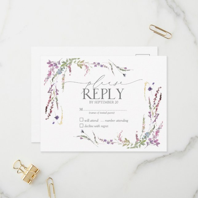 Purple Wildflower Floral Watercolor Wedding RSVP Invitation Postcard (Front/Back In Situ)