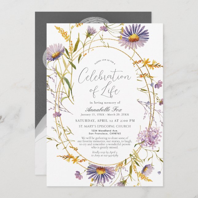 Purple Wildflower Funeral Memorial Invitation (Front/Back)