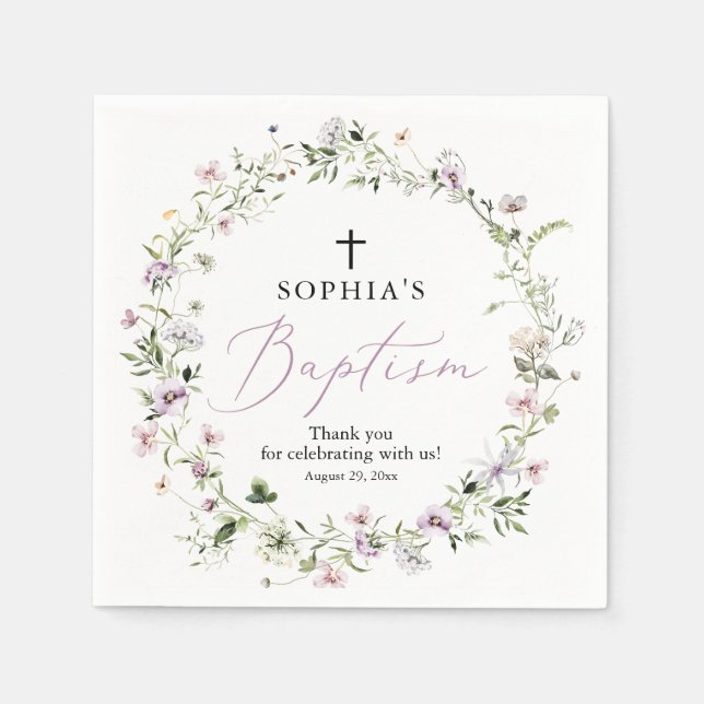  Purple Wildflower Girl Baptism Paper Napkin (Front)