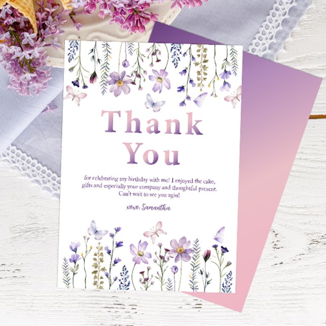 Purple Wildflower Girl’s 1st Birthday Thank You (Wildflower Thank You Card)