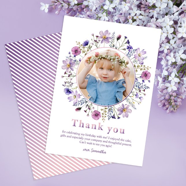 Purple Wildflower Girl Thank You Photo Card (Beautiful floral thank you card)