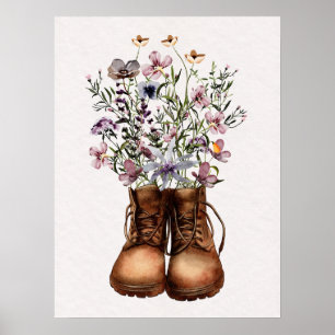 Purple Wildflower Hiking Boots Outdoor Poster
