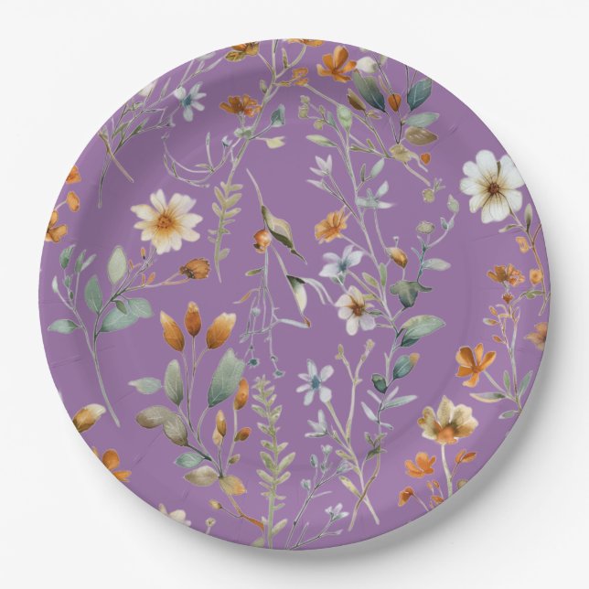 Purple wildflower modern paper plates (Front)