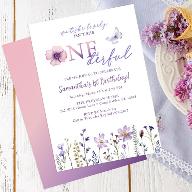 Purple Wildflower Onederful First Birthday Invitation (Onederful Wildflower Birthday Invite)