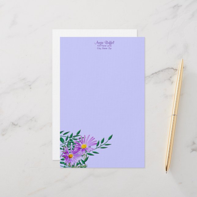 Purple Wildflower Photo Corner Border Personalised Stationery (Front/Back In Situ)