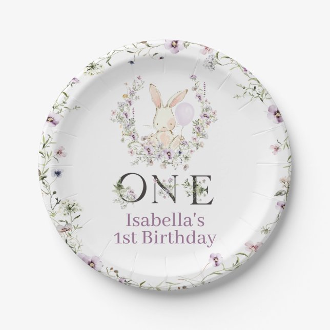 Purple Wildflower Photo Some Bunny 1st Birthday Paper Plate (Front)