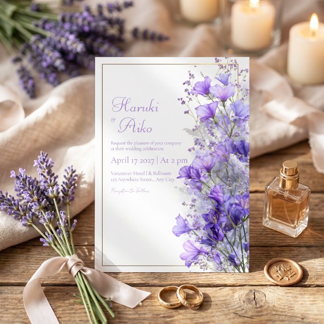 Purple Wildflower Romantic Gold Line Frame Wedding Invitation (Creator Uploaded)