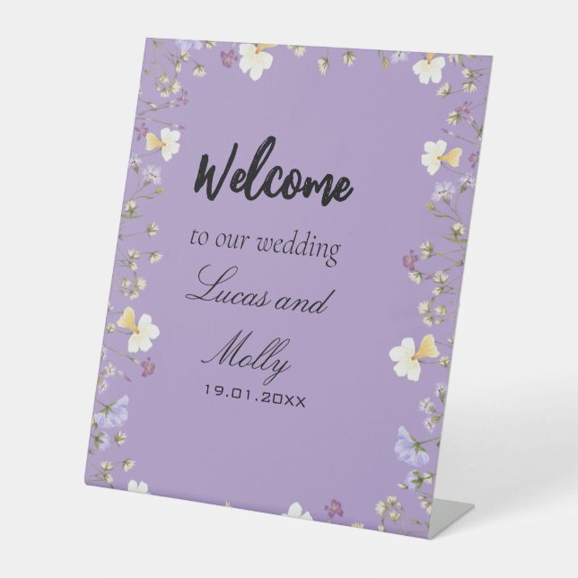 Purple Wildflower Summer Floral wedding  Pedestal Sign (Front)