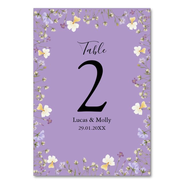 Purple Wildflower Summer Floral Wedding Table Number (Front)