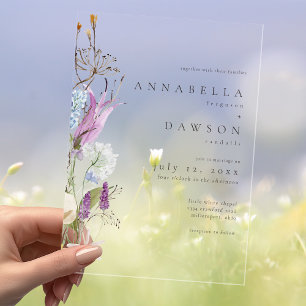 Purple Wildflower Watercolor Minimalist Wedding Acrylic Invitations