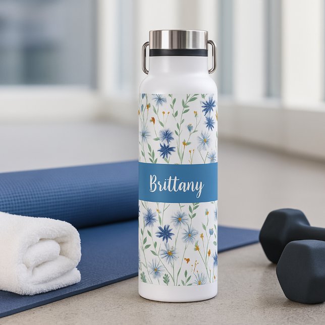 Purple Wildflower Watercolor Monogram Name Water Bottle (Creator Uploaded)