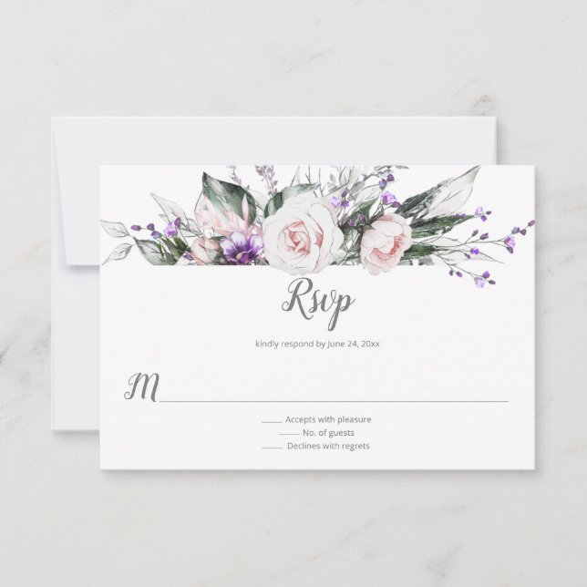 Purple Wildflowers Blush Pink Roses | RSVP Card (Front)