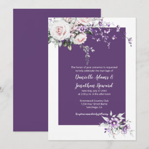 Purple Wildflowers Blush Pink Roses Wedding Invitation