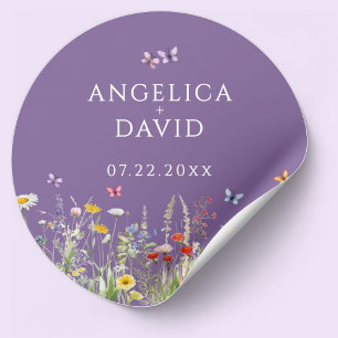 Purple Wildflowers Butterflies Wedding Sticker