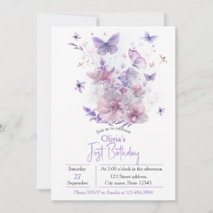 Purple Wildflowers Butterfly Girl's 1st Birthday Invitation