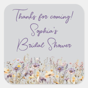 Purple Wildflowers Floral Gray Shower Favors Square Sticker