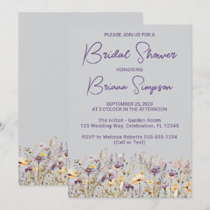 Purple Wildflowers Floral Grey Bridal Shower Invitation