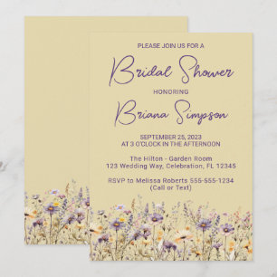 Purple Wildflowers Floral Yellow Bridal Shower Invitation