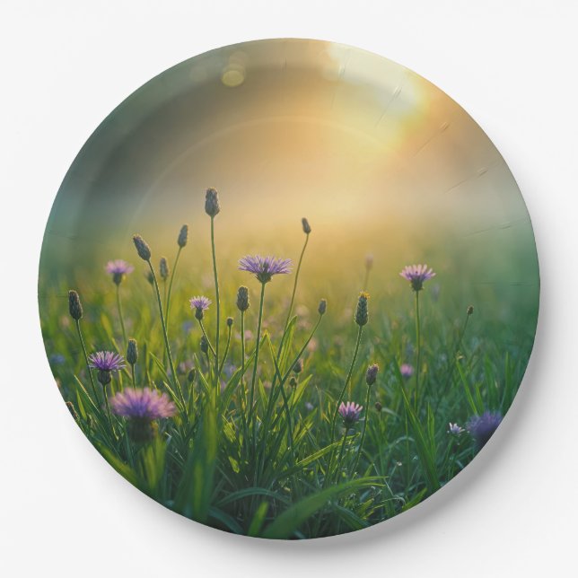 Purple Wildflowers In Misty Meadow Paper Plate (Front)