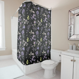 Purple Wildflowers on Distressed Black Shower Curtain