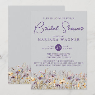 Purple Wildflowers on Grey Bridal Shower Invitation