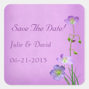Purple Wildflowers on Purple Wedding Save The Date Square Sticker