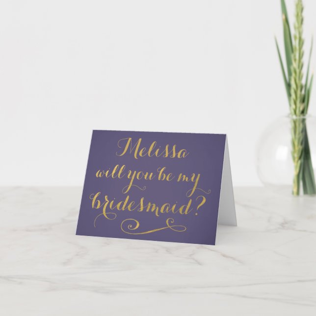 Purple Will You Be My Bridesmaid Typography Card (Front)