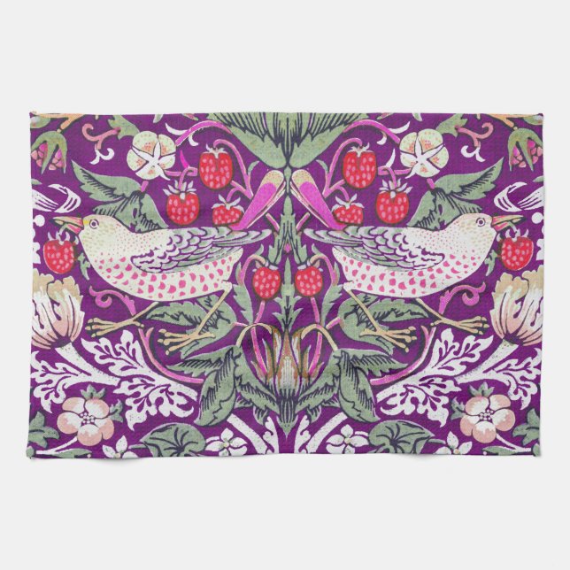 Purple William Morris Strawberry Thief Pattern Tea Towel (Horizontal)